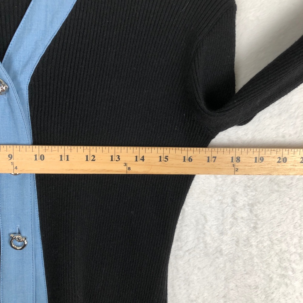 COMMENSE Button‎ Front V Neck Ribbed Bell Sleeve Cardigan Sz S Black Blue Silver - Picture 8 of 9